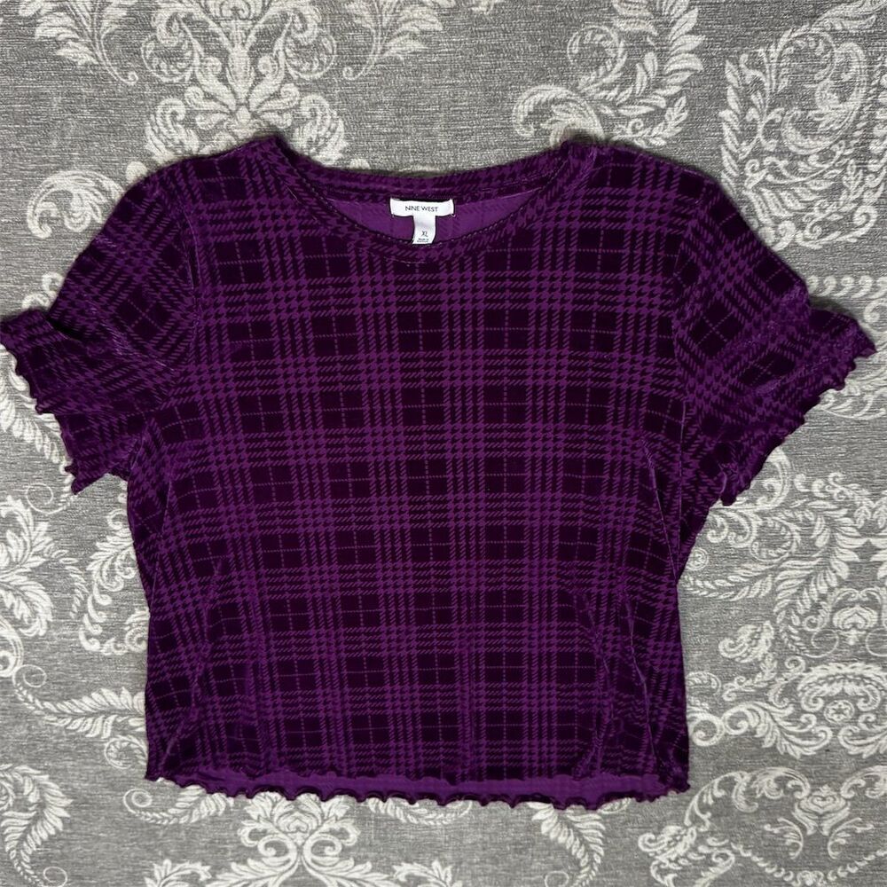 Nine West Women's Cropped Plaid Blouse Purple XL Short Sleeve Velvet